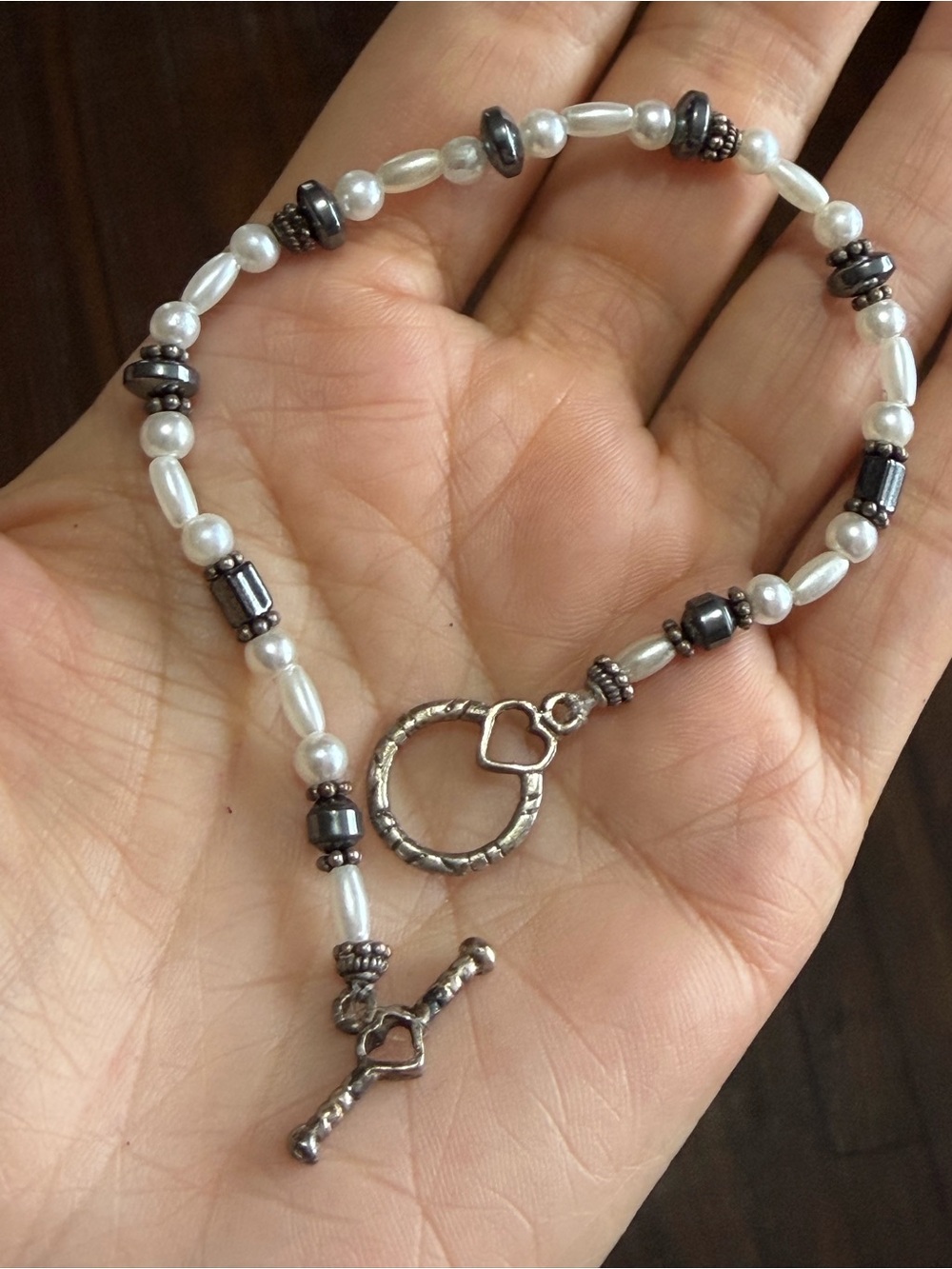 Vintage faux Pearl & Hematite Beaded Bracelet